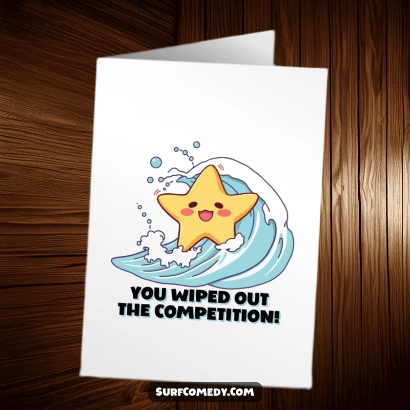 Funny Free Printable Congratulations Card of a starfish character hilariously wiping out on a wave, celebrating achievement with a comical splash.