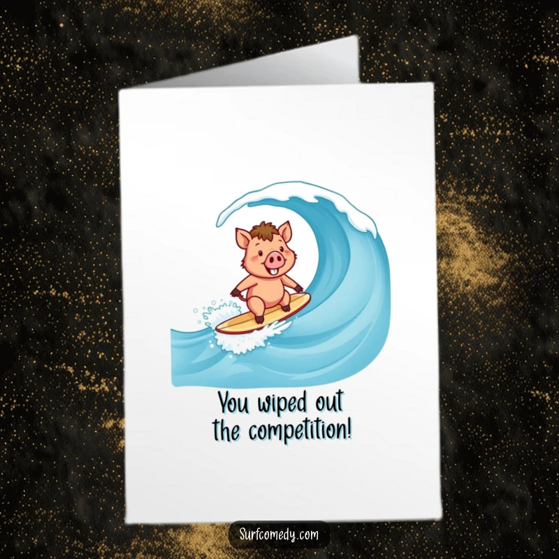 Funny Free Printable Congratulations Card: Small happy surfer boar riding a wave with a big smile, shredding success, printable.