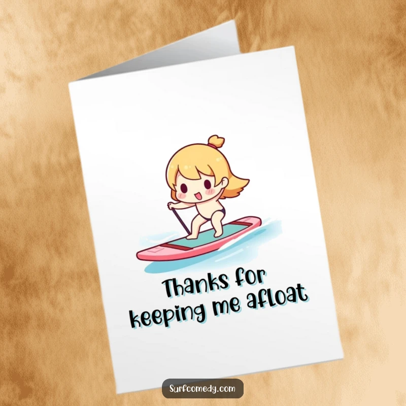 Funny Free Printable Thank You Card: A Kawaii character attempts a wobbly balance on a paddleboard, expressing thanks with effort.