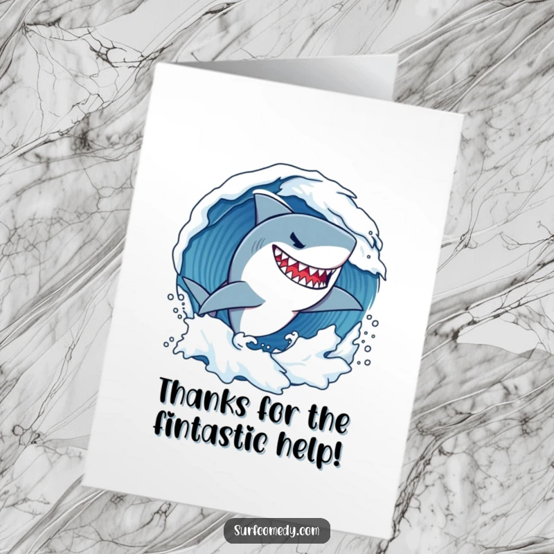 Funny Free Printable Thank You Card: Determined shark with a wide grin surfing a wave, a fierce thank you.