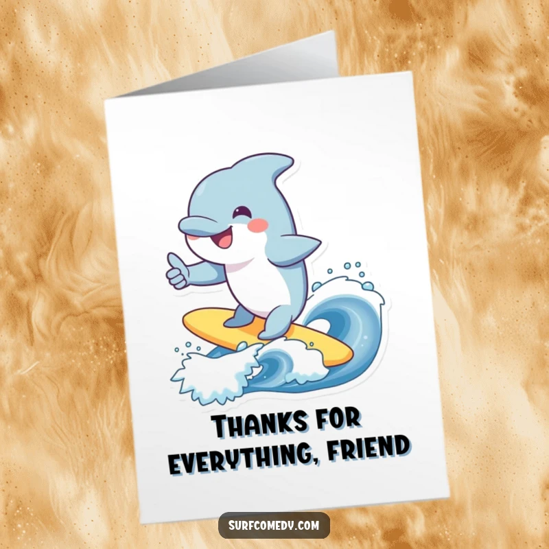 Funny Free Printable Thank You Card: A smiling dolphin surfs a wave, flashing a cheerful thumbs up, perfect for sending thanks.