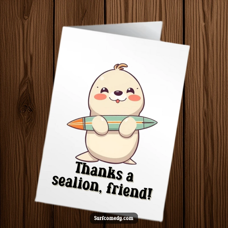 Funny Free Printable Thank You Card: Seal balancing a surfboard, sending thanks with a goofy grin.
