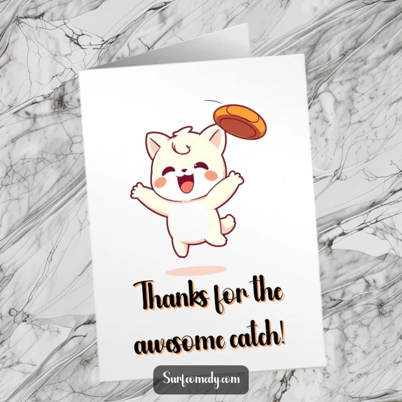 Funny Free Printable Thank You Card: Kawaii character looking proud after catching a frisbee, perfect for gratitude.