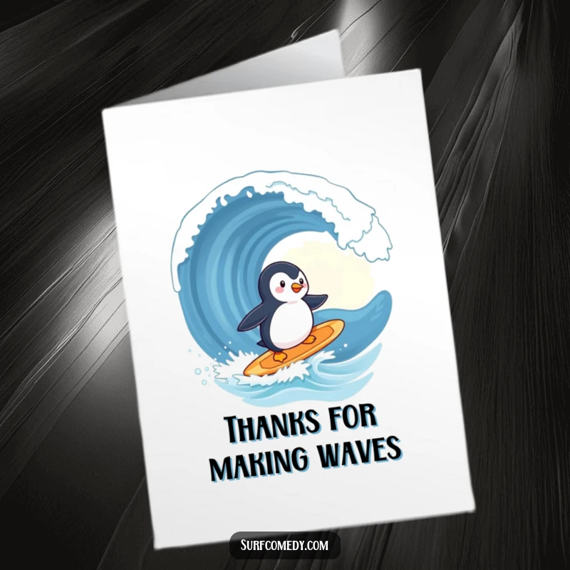 Funny Free Printable Thank You Card: A cute penguin surfs a massive wave, giving a cheerful vibe while expressing thanks.
