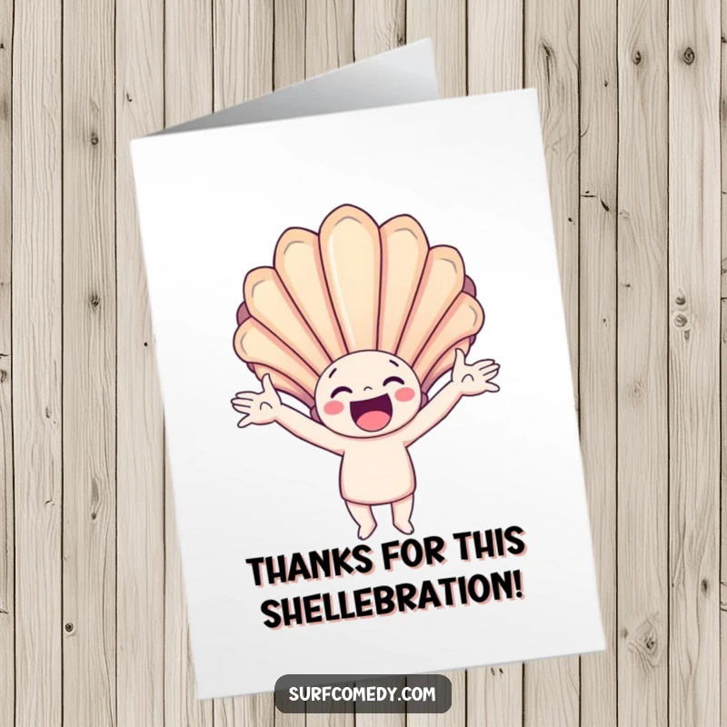 Funny Free Printable Thank You Card: Happy character catches giant colorful seashell, expressing thanks.