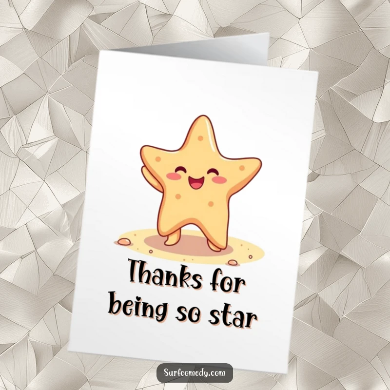 Funny Free Printable Thank You Card, a cheerful kawaii starfish doing a cute dance on the sand, beach-themed downloadable gift.