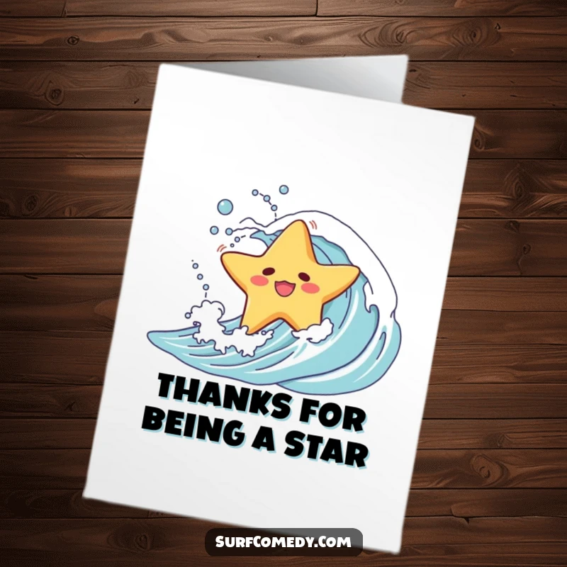 Funny Free Printable Thank You Card showing a starfish character's comical wipeout on a wave, adding a humorous twist to expressing thanks.