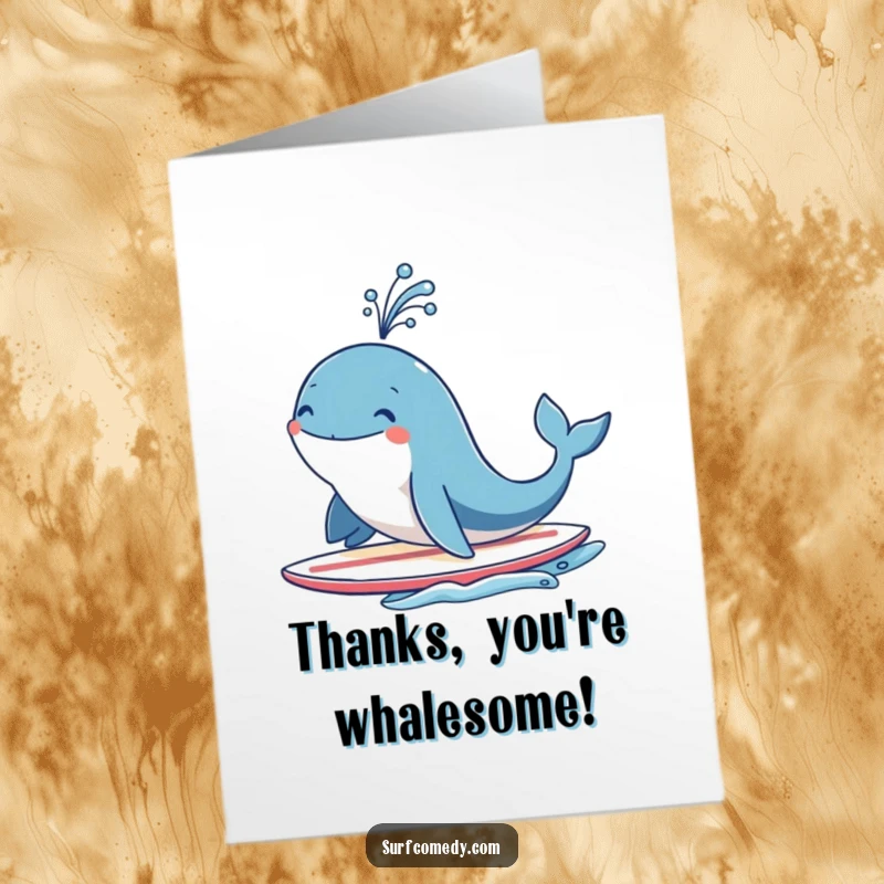 Funny Free Printable Thank You Card: Happy whale surfs a board, spouting water as a symbol of thanks.