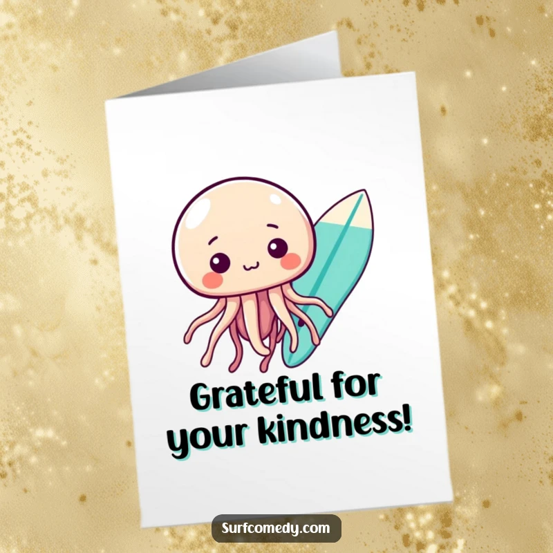 Free Printable Thank You Card: A curious kawaii jellyfish floats gently near a surfboard, conveying thanks.