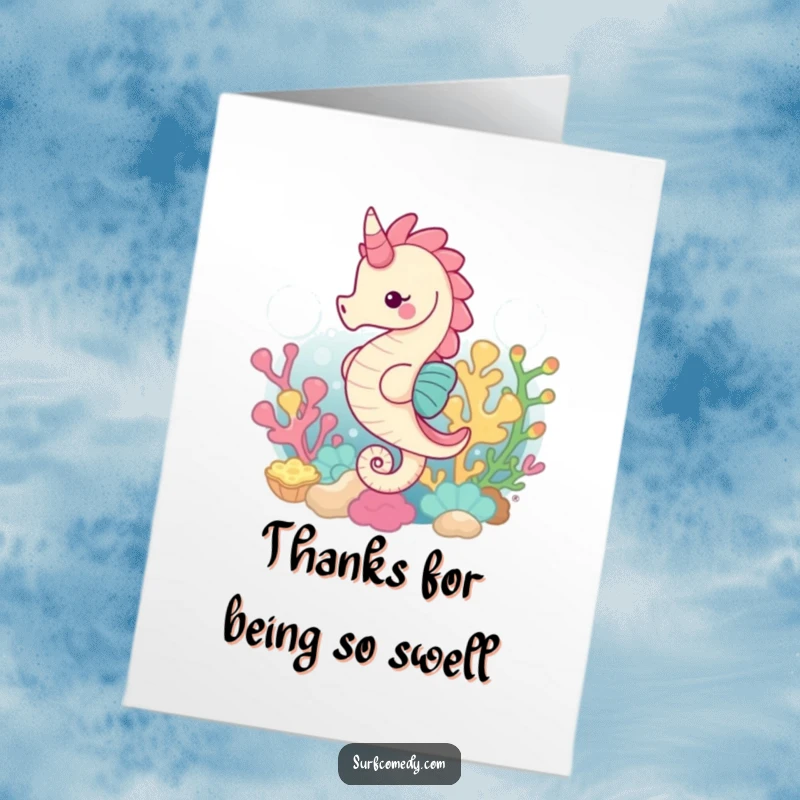 Funny Free Printable Thank You Card, a happy kawaii seahorse swimming gracefully through a coral garden, ocean-inspired downloadable gift.