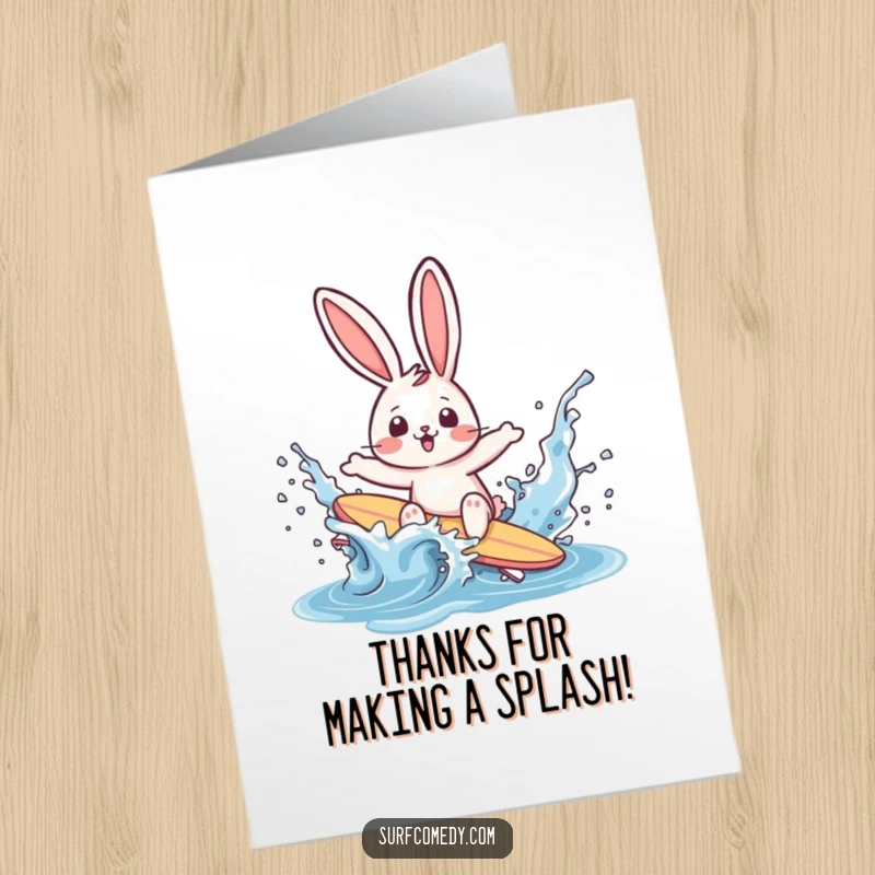 Funny Free Printable Thank You Card: Rabbit surfer wipes out in a water splash, a funny way to say thank you.