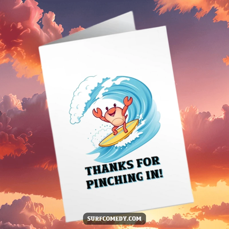 Funny Free Printable Thank You Card: Crab doing a handstand on a surfboard, a unique way to say thanks.
