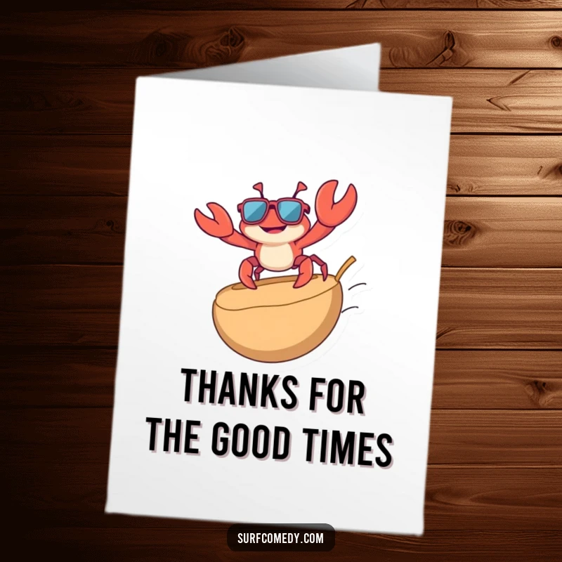 Funny Free Printable Crab Thank You Card, a crab in sunglasses surfing a coconut, offering cool thanks.