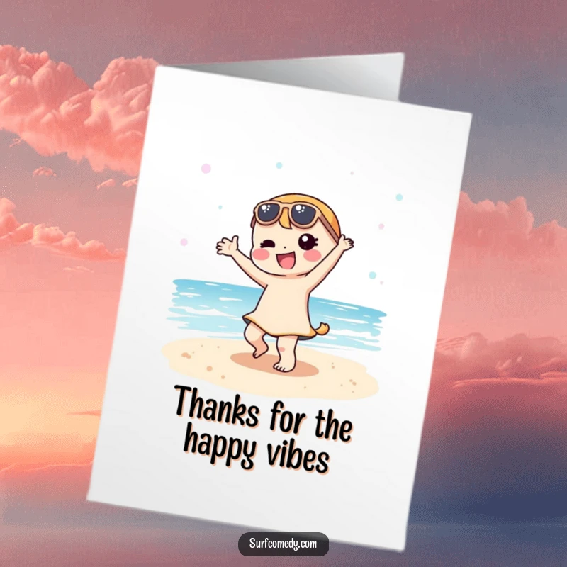 Funny Free Printable Thank You Card: A joyful Kawaii character does a silly dance on the beach, sending warm thanks.