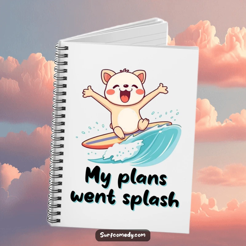 Funny notebook with an animal character comically wiping out on a surfboard, arms flailing, a humorous journal for beach lovers.