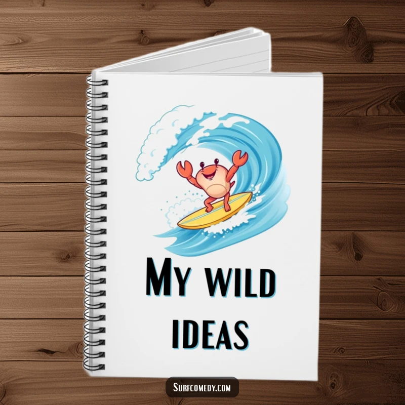 Funny happy crab character doing a handstand on a surfboard while riding a wave, a humorous journal for capturing beachy inspirations.