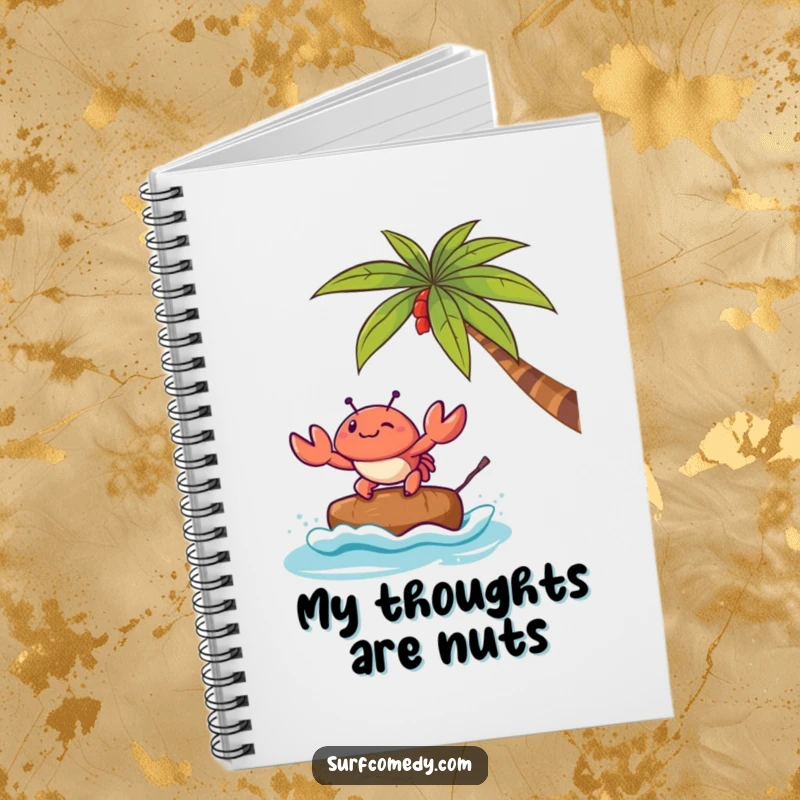 Funny notebook featuring a Kawaii crab character surfing a coconut, ideal for jotting down seaside adventures and ideas.