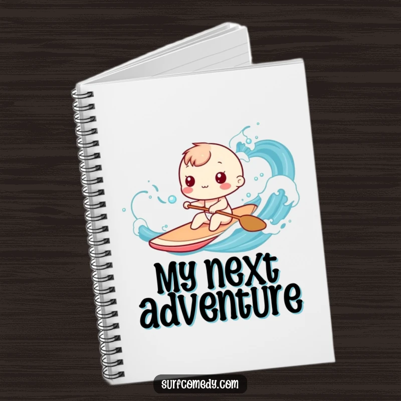 Funny Kawaii character notebook showing playful paddling through stylized ocean waves, an ideal funny gift.