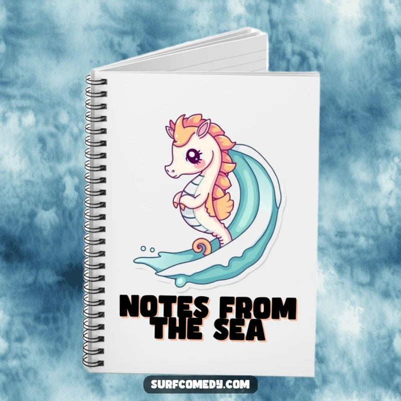 Funny notebook cover with a cute kawaii seahorse surfing a curling wave, perfect for jotting down seaside inspirations.