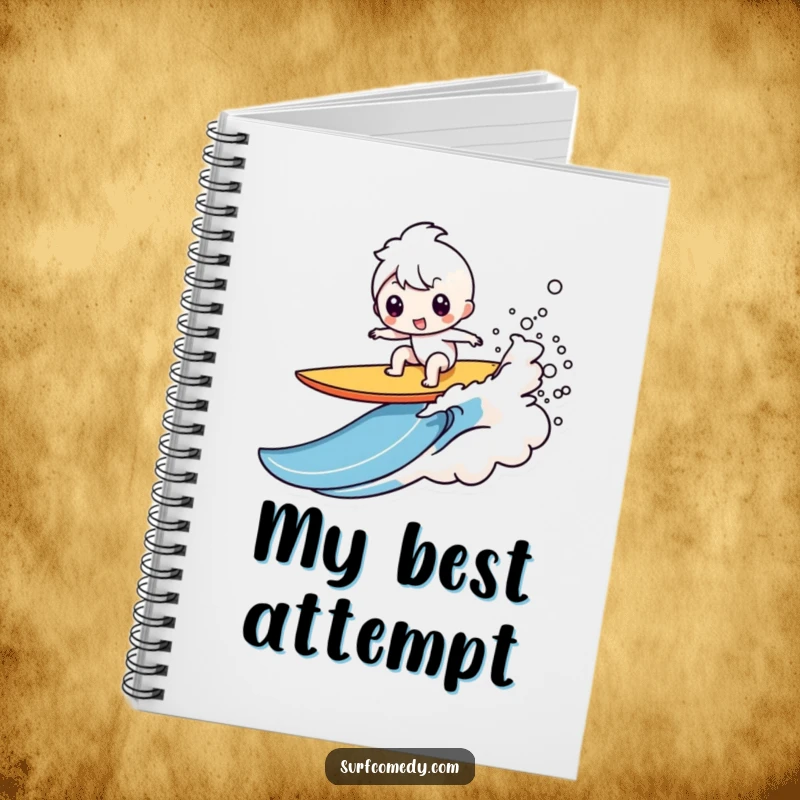 Funny Kawaii character notebook showing a comical surfboard wipeout with a splash, an ideal funny gift.