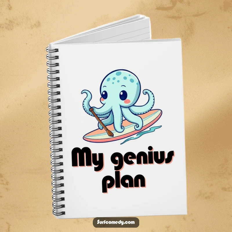 Funny octopus character paddling a surfboard, featured on a notebook for creative and humorous writing. A fun funny gift.