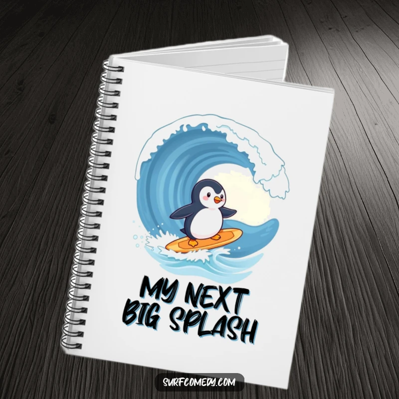Funny penguin notebook, cute character surfing a surfboard, heading towards a giant wave, for notes, ideal funny gift.