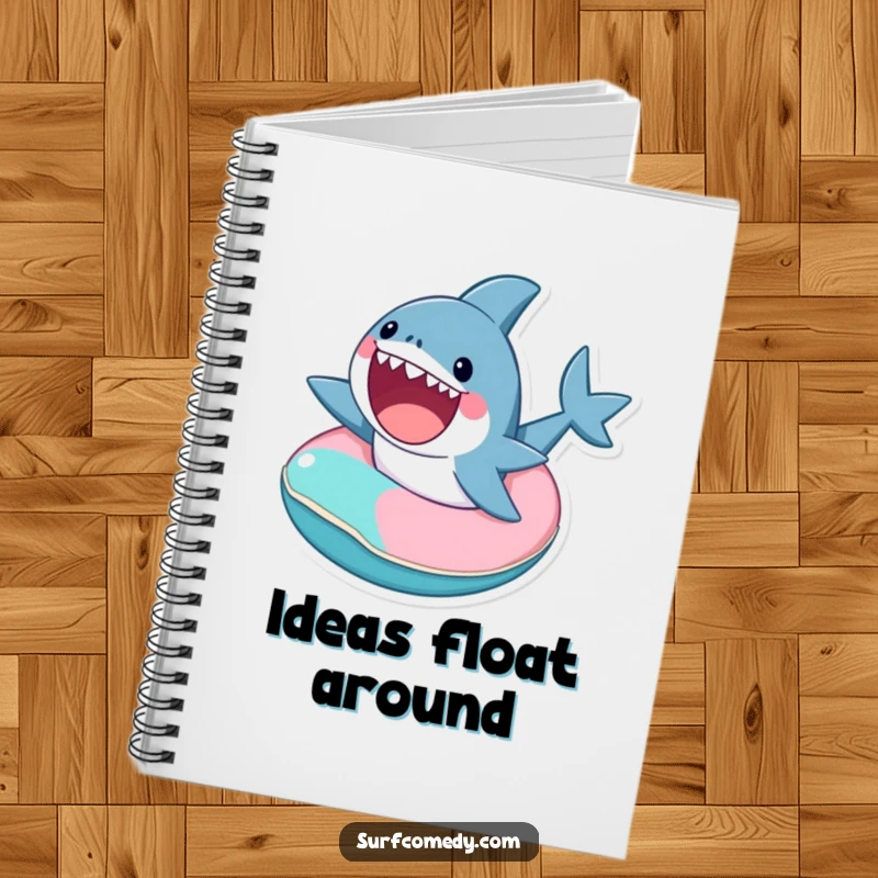 Funny notebook cover featuring a cute shark excitedly riding a tiny, colorful inner tube, for notes.