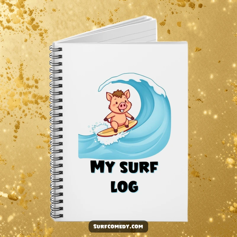 Funny Surfer Boar Notebook: A happy boar character surfing a wave with a big smile, perfect for notes.