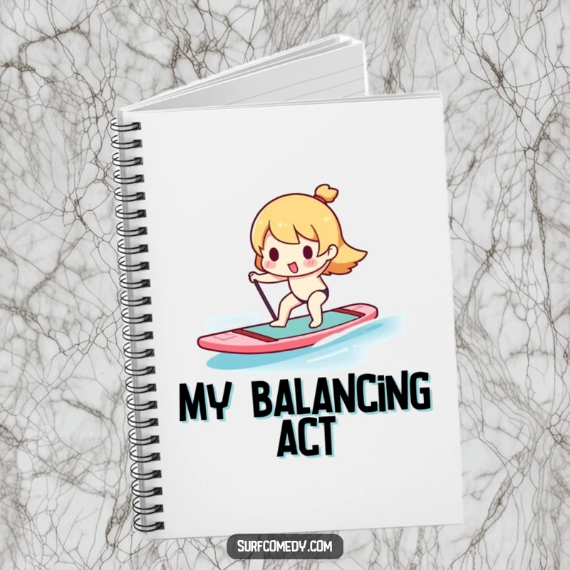 Funny Kawaii character balancing on a paddleboard on a notebook, ideal for adventurous thoughts and notes.