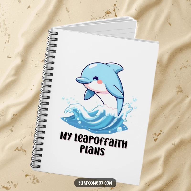 Funny notebook with a cheerful kawaii dolphin character leaping from a sparkling wave, perfect for jotting down happy thoughts and plans.