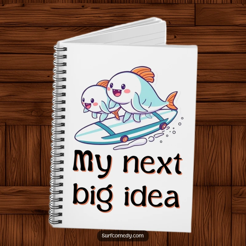 Funny kawaii fish characters on a surfboard adorn this notebook, ready for creative and humorous entries. A charming funny gift.