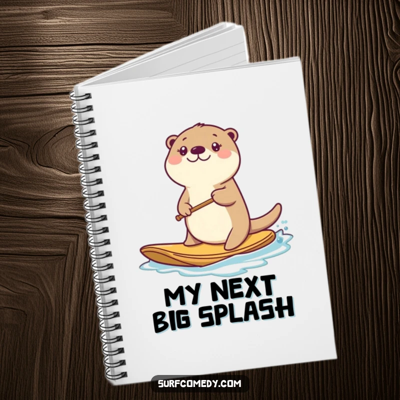 Funny kawaii sea otter character paddling a board on a notebook cover, inspiring energetic note-taking.