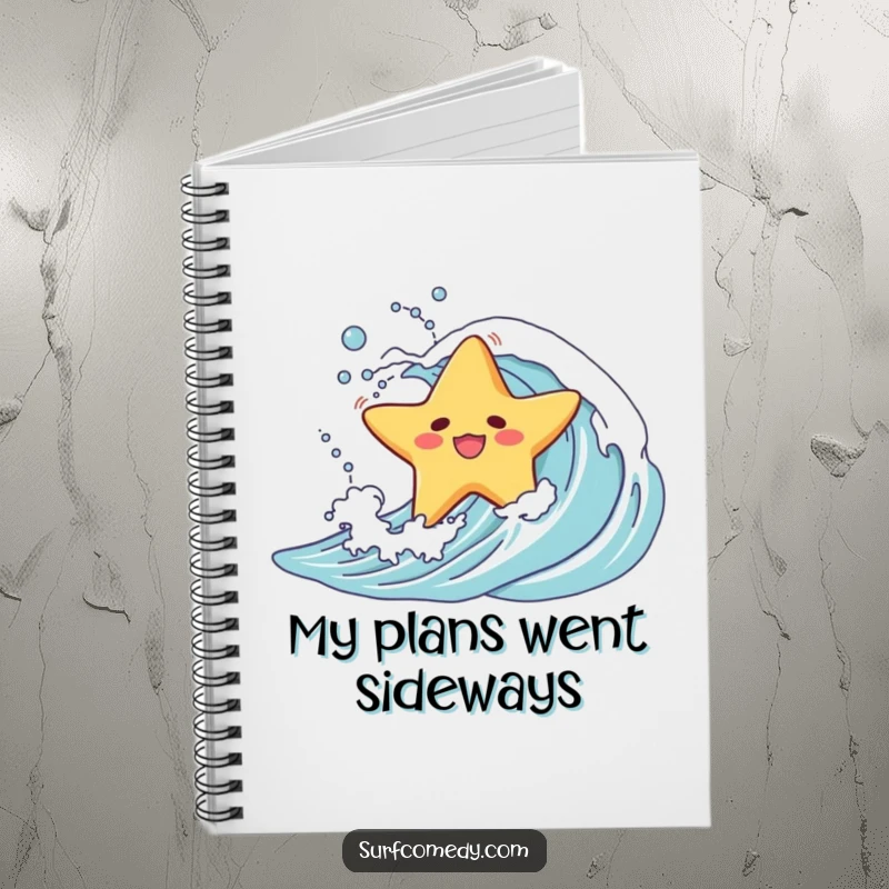 Funny notebook cover featuring a starfish character doing a comical wipeout on a wave, encouraging humorous note-taking.