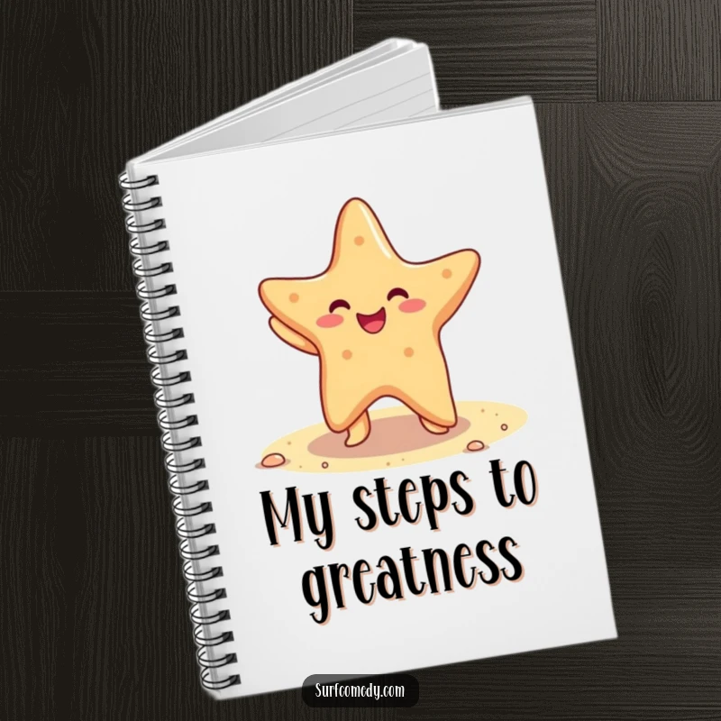 Funny notebook cover with a cheerful starfish dancing on a sandy beach, ideal for notes and creative thoughts.