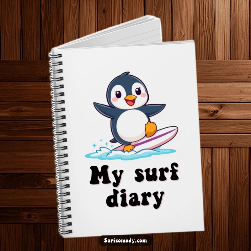Funny smiling penguin character attempting to surf a small surfboard, on a notebook cover for capturing ideas.