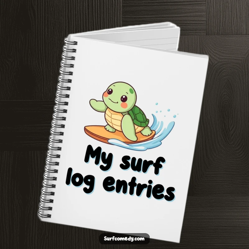 Funny notebook with a cute kawaii sea turtle character surfing a gentle wave, perfect for jotting down happy thoughts and plans.