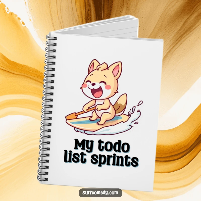 Funny notebook with an excited animal paddling furiously and a surfboard behind, a humorous journal for fast thinkers.