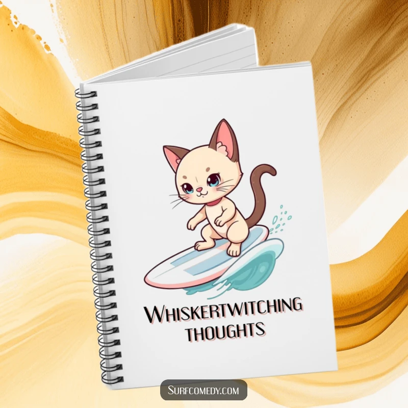 Funny Siamese Cat Surfer Notebook: A stylish Siamese cat surfs a gentle swell, inspiring creative thoughts and humorous note-taking.