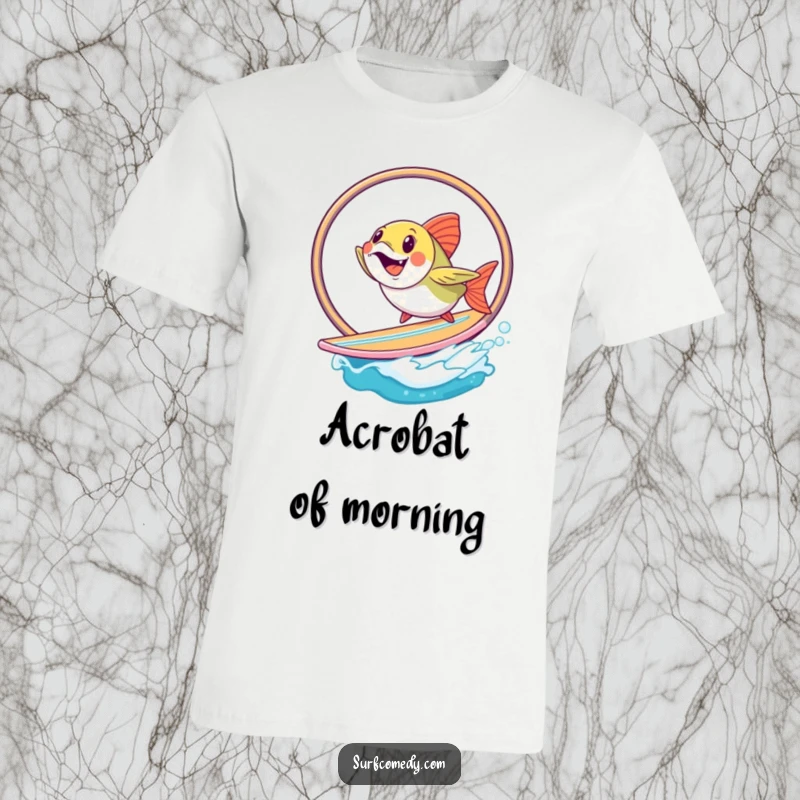 Funny fish performing a hoop jump on a surfboard, a hilarious and athletic design for a t-shirt. Excellent funny gift.