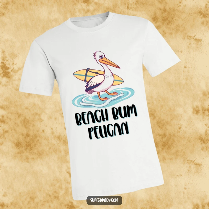 Funny t-shirt featuring a pelican with a surfboard on its back, entering the ocean, embodying enthusiasm for surfing and beach life.