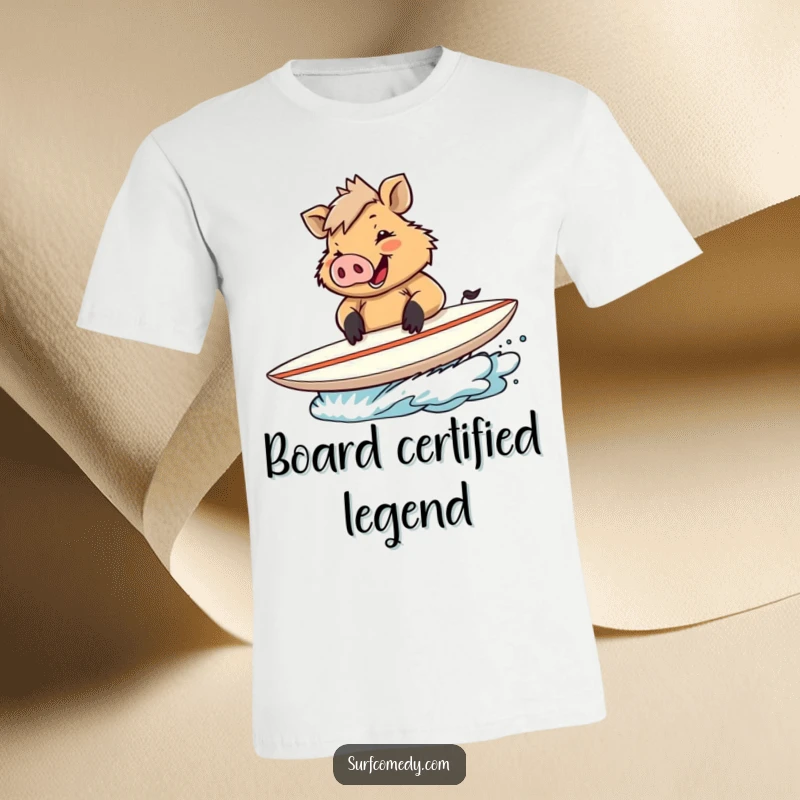 Funny t-shirt featuring a cheerful boar signing autographs on a surfboard after a winning surf session.