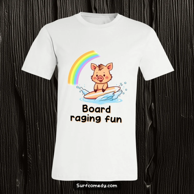Funny Boar Surfer T-Shirt: A tiny boar creates a magical rainbow splash with its surfboard, embodying playful fun and delight.