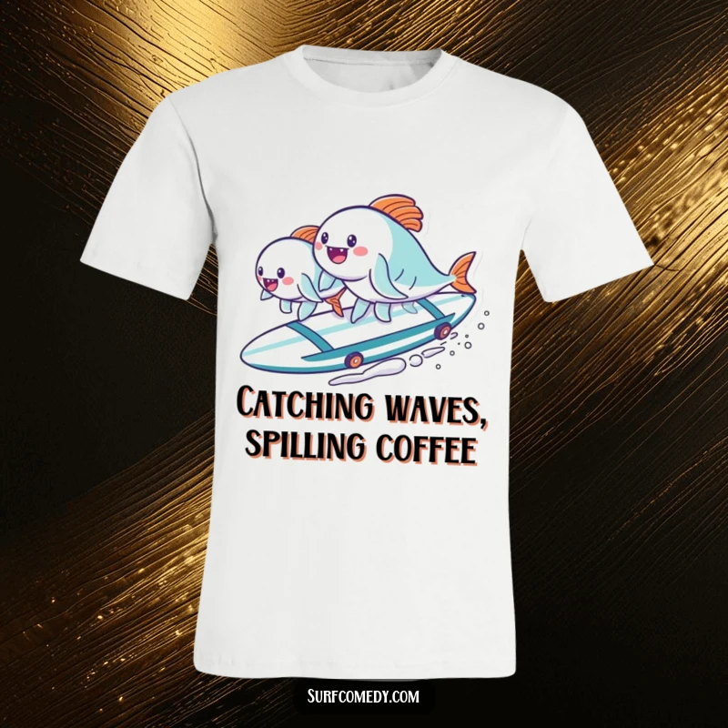 Funny kawaii fish characters riding a surfboard, exuding pure joy and seaside fun. A must-have funny t-shirt gift.