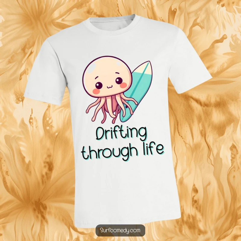Funny kawaii jellyfish floating inquisitively beside a surfboard, ideal for a funny t-shirt.
