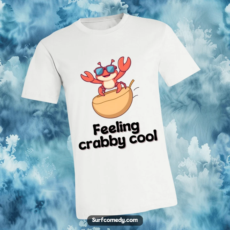 Funny t-shirt depicting a playful crab in sunglasses, surfing on a tiny floating coconut, capturing a hilarious and cool beach moment.
