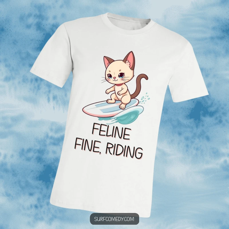 Funny Siamese Cat Surfer T-Shirt: A stylish Siamese cat poses on a surfboard, smoothly riding a gentle wave, exuding cool humor.