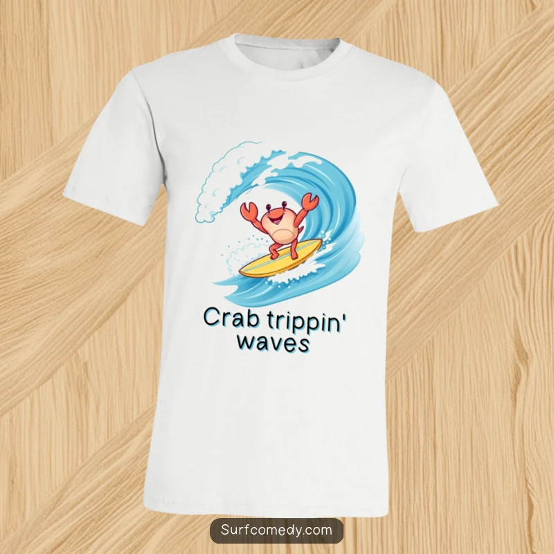 Funny happy crab character doing a handstand on a surfboard while riding a wave, expressing athletic fun and beach vibes.