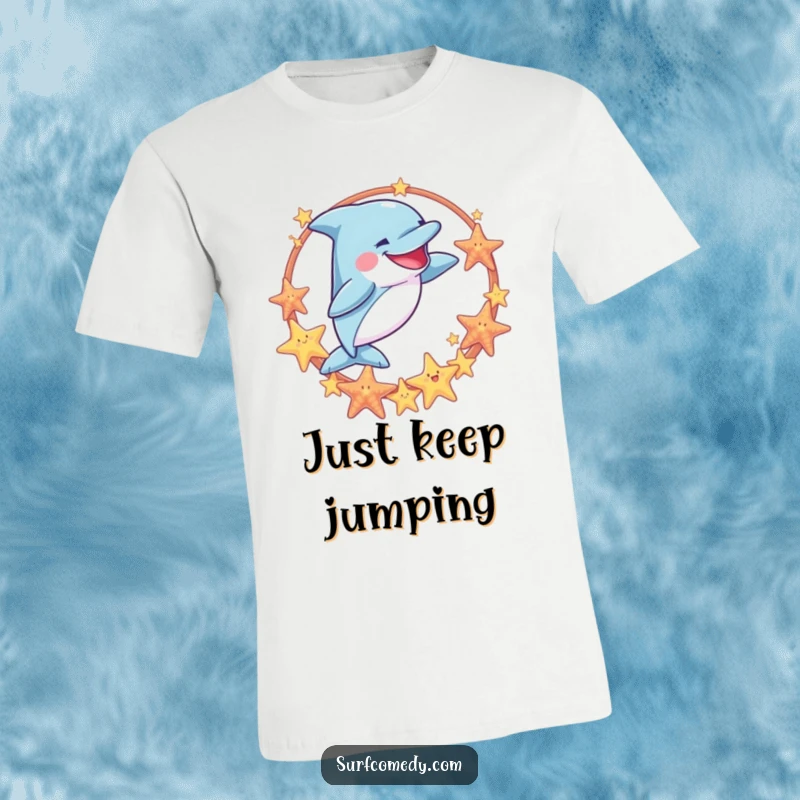 Funny t-shirt featuring a goofy dolphin mid-air, playfully jumping through a hoop of sea stars, embodying aquatic joy and performance.