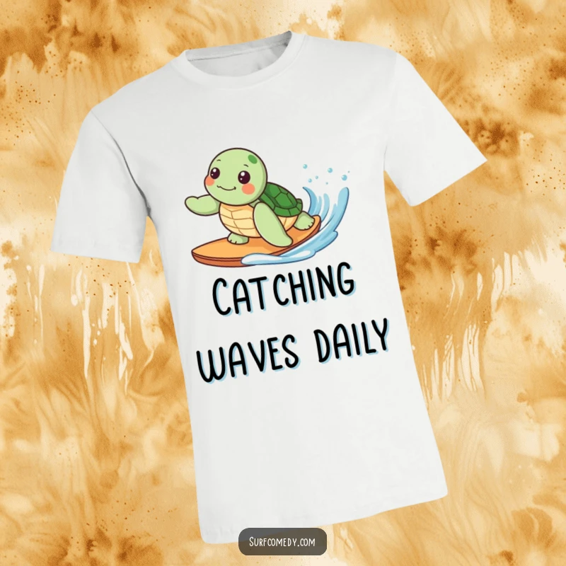 Funny t-shirt showcasing a cute kawaii sea turtle character happily surfing a gentle wave, perfect for beach lovers and fun vibes.