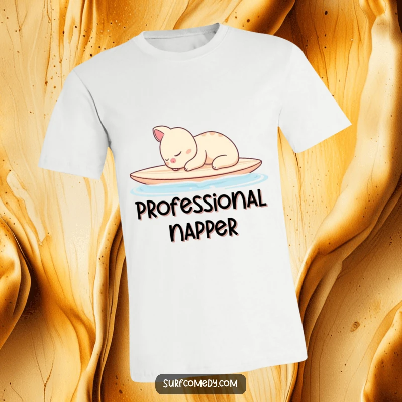Funny t-shirt depicting a peacefully sleeping animal character napping on a surfboard as it floats on calm water.